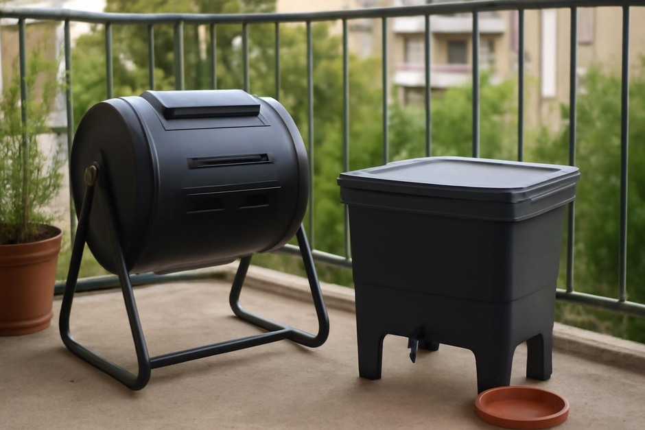 Small compost tumbler and a worm bin side by side on a balcony