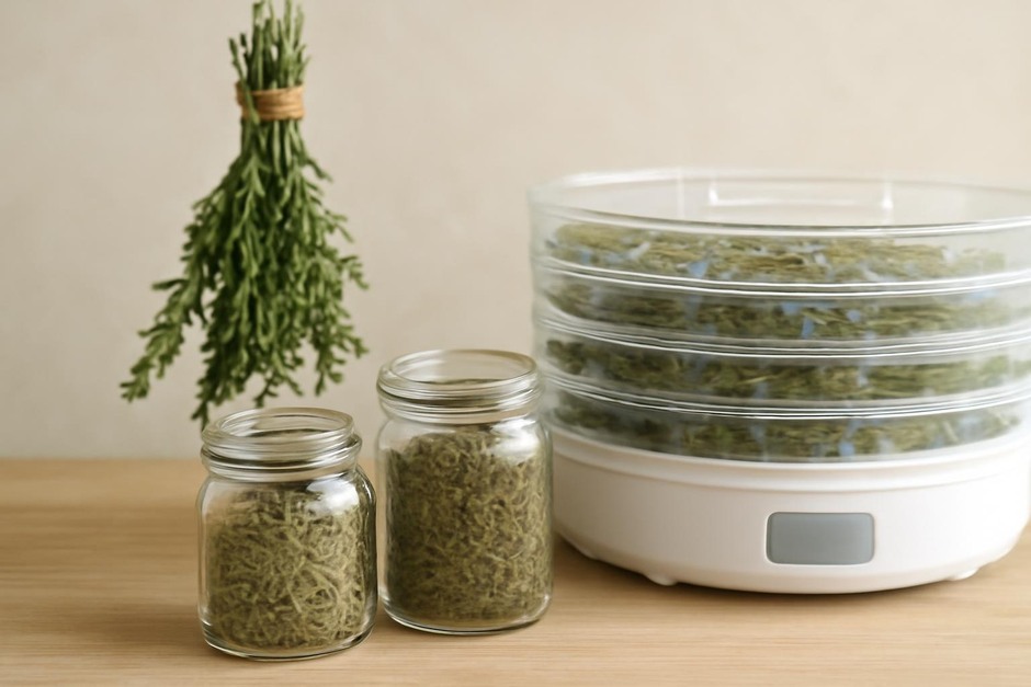 Jars of dried rosemary and thyme with a bundle of hanging herbs in the background