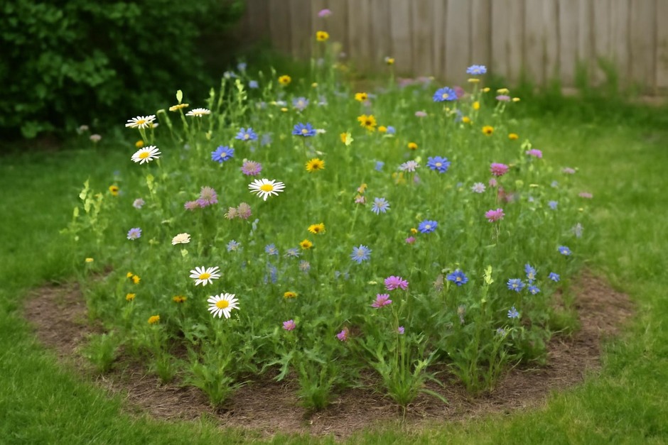 Small backyard wildflower meadow in bloom