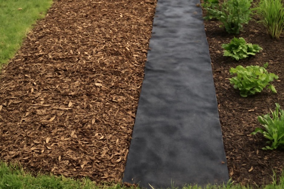 A garden bed showing a layer of organic mulch beside a strip of landscape fabric with mulch over it