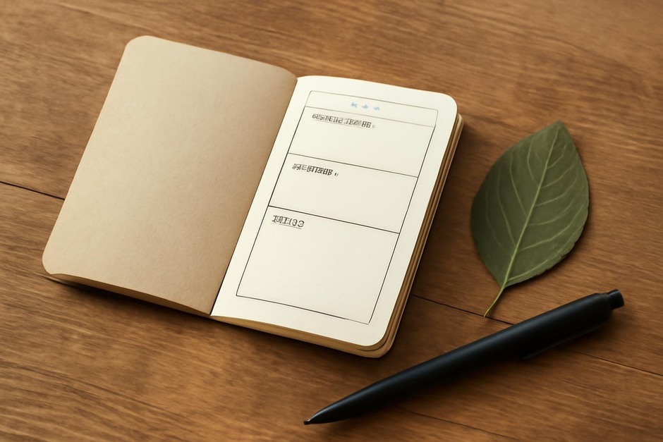 A small pocket notebook, pen, and a pressed leaf on a wooden table