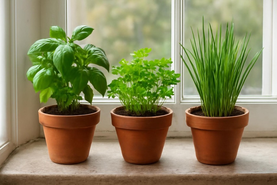 Three small terracotta pots of basil, parsley, and chives on a sunny windowsill